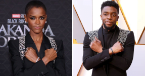 Letitia Wright en Ryan Coogler eren Chadwick Boseman tijdens de première van Wakanda Forever